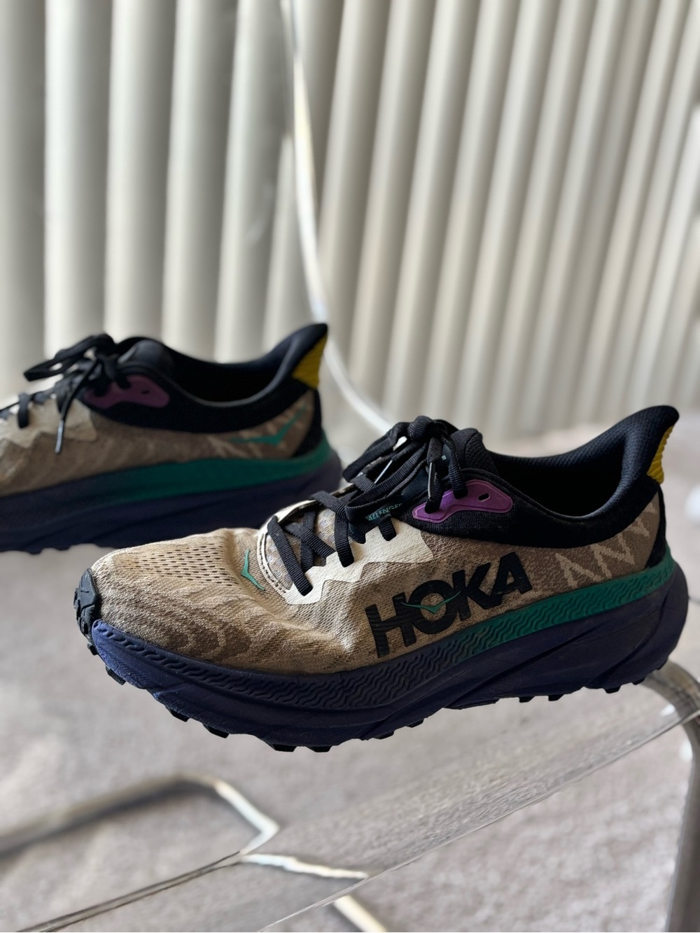 Hoka Trail running shoes in Tan with Black, Teal & Purple Accents